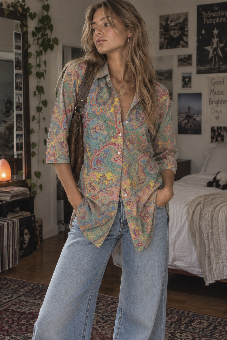 Vintage Ralph Lauren Shirt Womens Large Colorful Paisley Button Up 3/4 Sleeve SM